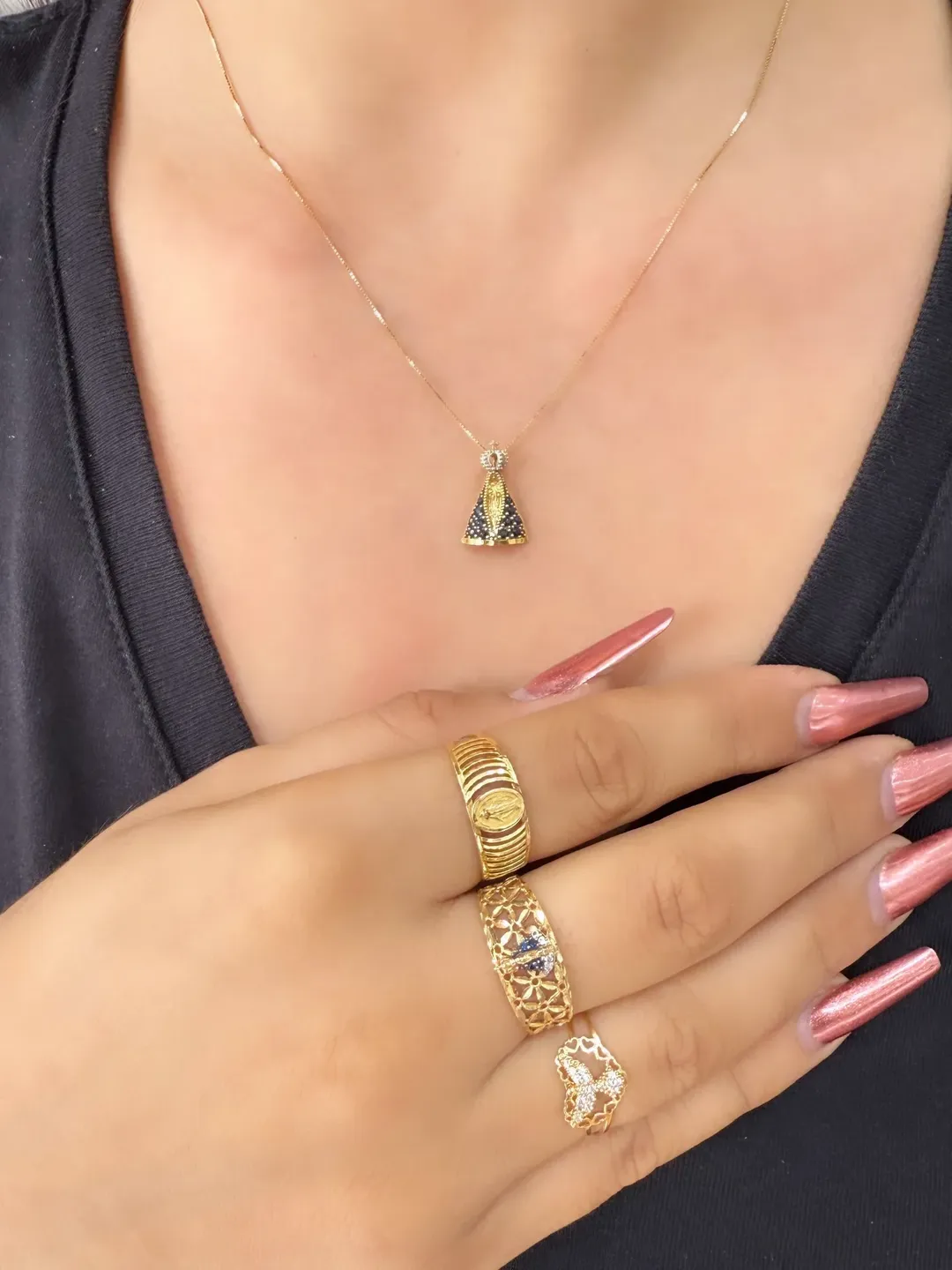 Colar Nossa Senhora Aparecida com Anéis em Ouro 18k